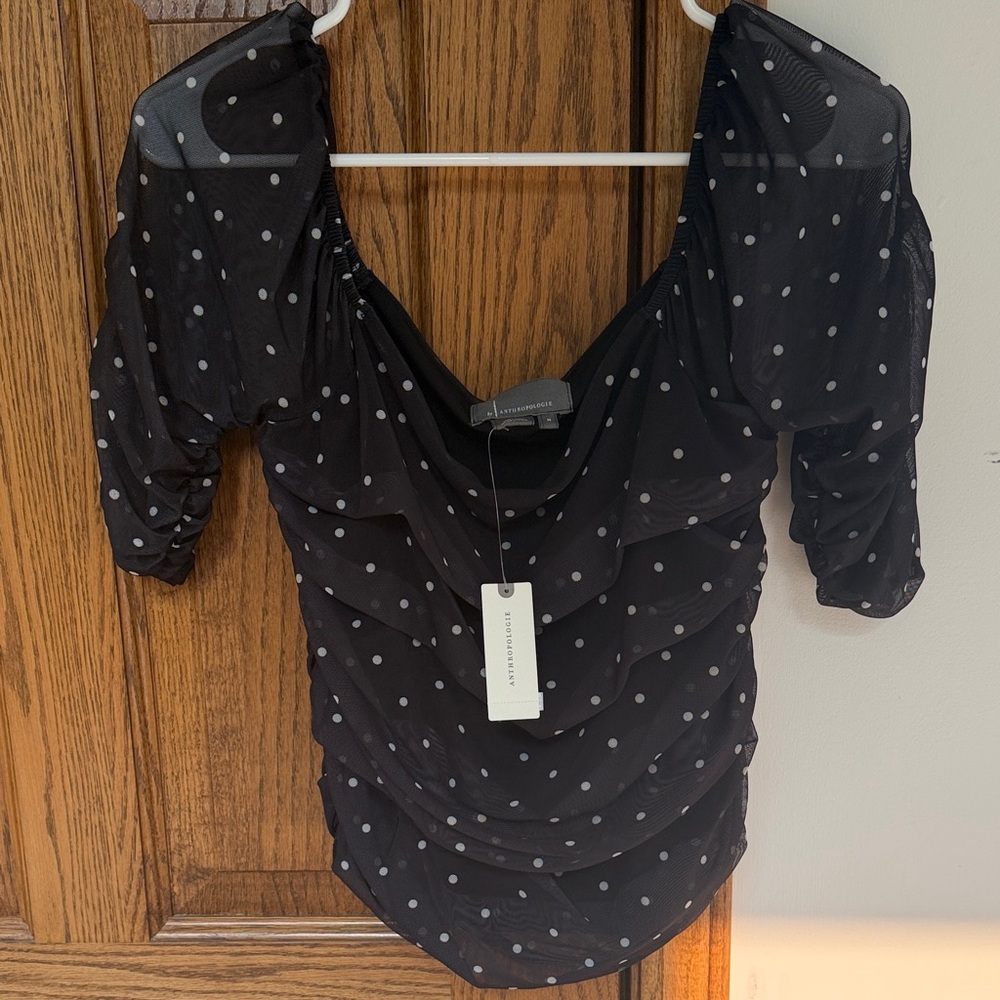 Anthropologie Black Sheer Polka Dot Ruched Blouse